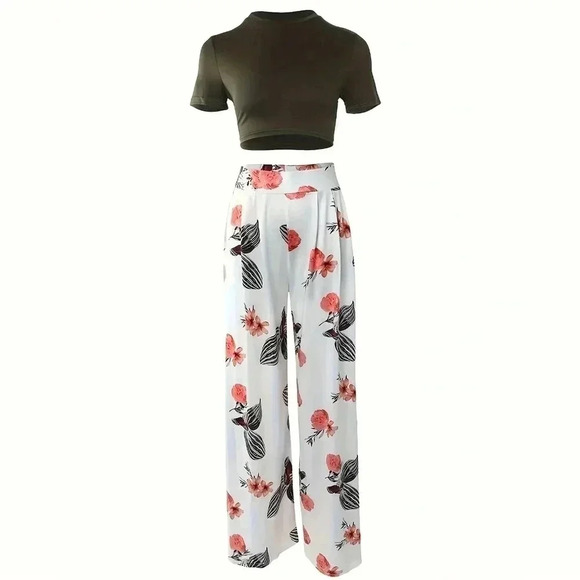 Women Flower Print Crop Top And Plant Print Long Pants Set - Picture 2 of 3
